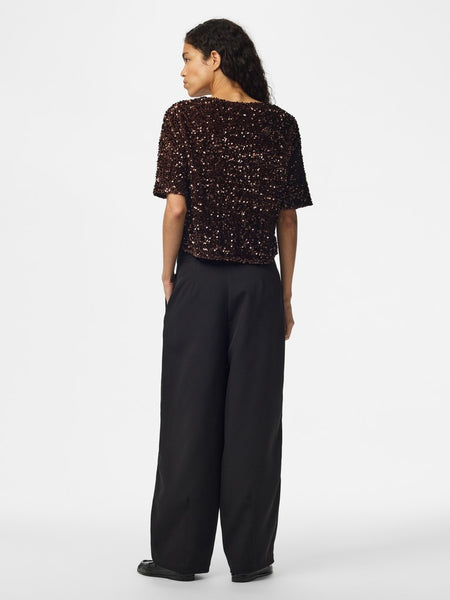 PIECES Short Sleeve Sequin Top in Brown