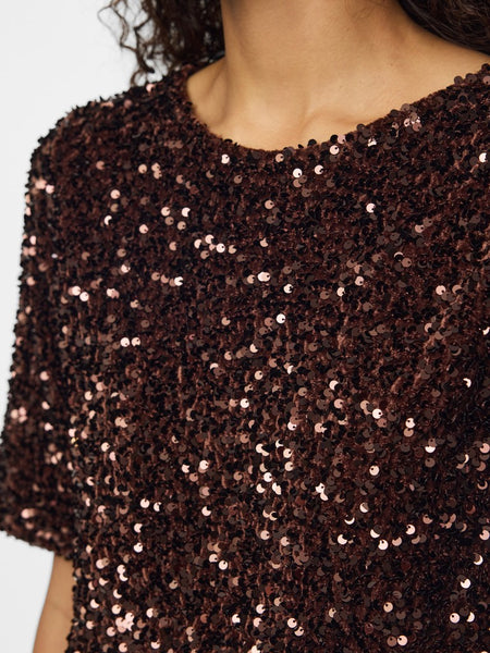 PIECES Short Sleeve Sequin Top in Brown