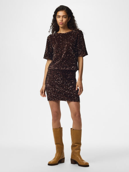 PIECES Short Sleeve Sequin Top in Brown