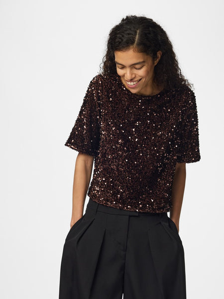 PIECES Short Sleeve Sequin Top in Brown