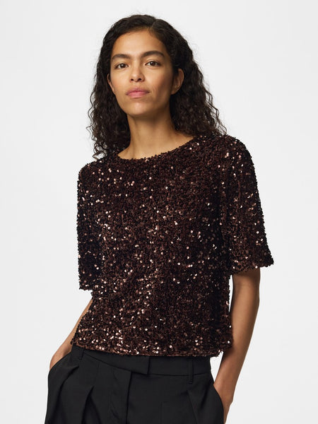 PIECES Short Sleeve Sequin Top in Brown