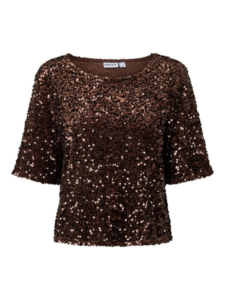 PIECES Short Sleeve Sequin Top in Brown