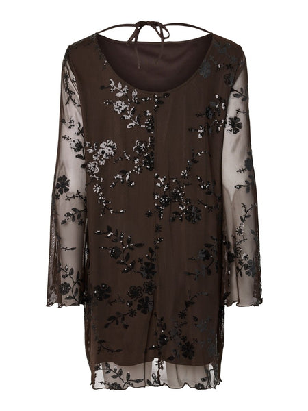 PIECES Short Floral Sequin Dress in Brown