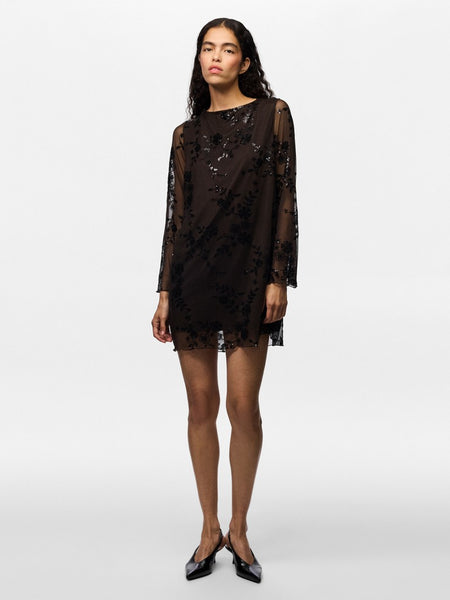 PIECES Short Floral Sequin Dress in Brown