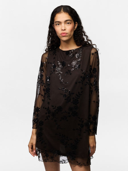 PIECES Short Floral Sequin Dress in Brown