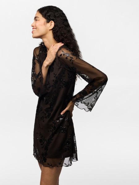 PIECES Short Floral Sequin Dress in Brown