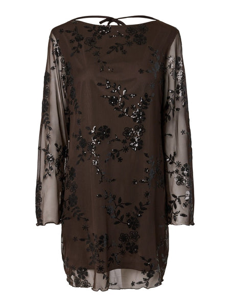 PIECES Short Floral Sequin Dress in Brown