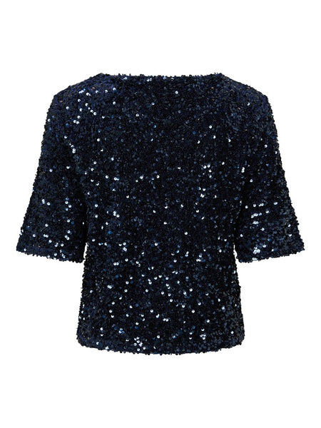 PIECES Short Sleeve Sequin Top in Navy