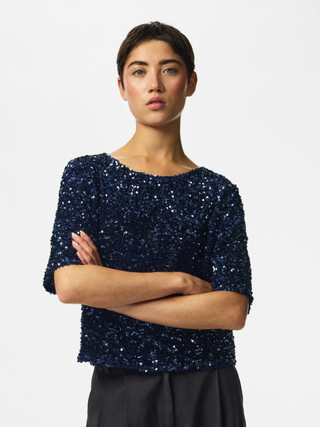 PIECES Short Sleeve Sequin Top in Navy