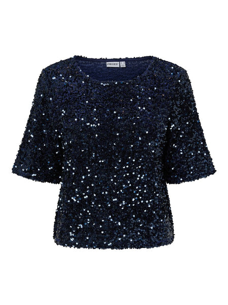 PIECES Short Sleeve Sequin Top in Navy