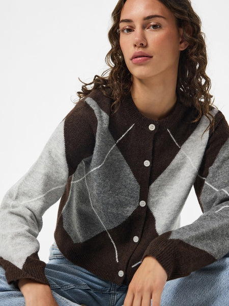 PIECES Argyle Knit Cardigan in Brown