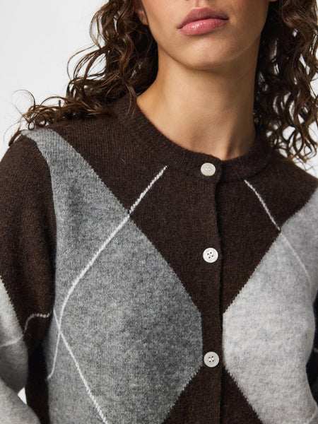 PIECES Argyle Knit Cardigan in Brown