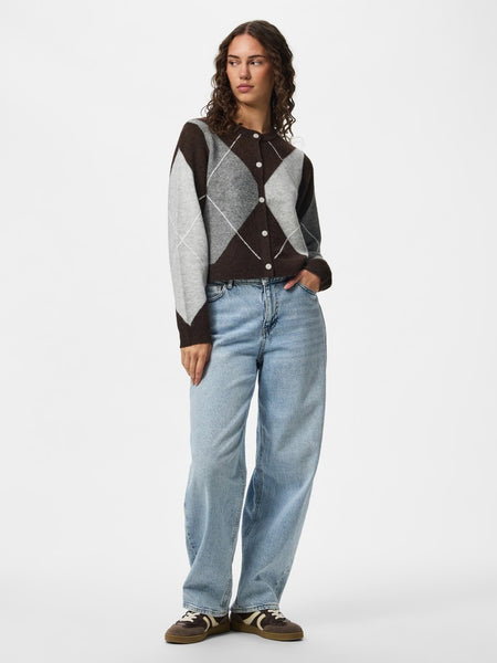 PIECES Argyle Knit Cardigan in Brown