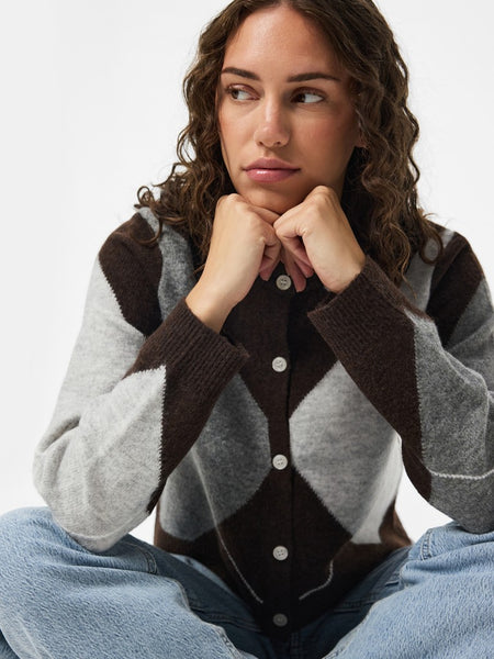 PIECES Argyle Knit Cardigan in Brown