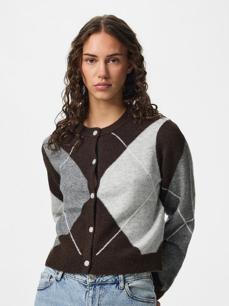 PIECES Argyle Knit Cardigan in Brown