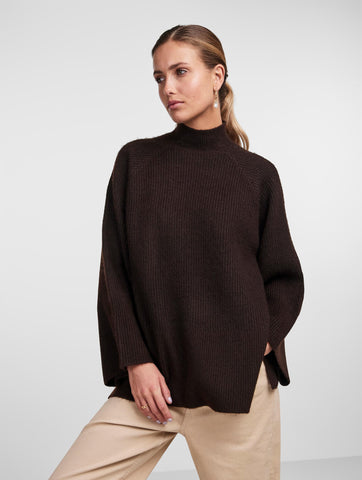 Pieces Oversized High Neck Knit Jumper in Brown