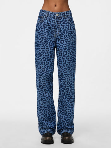 Pieces Leopard Print Wide Leg Jeans in Dark Blue