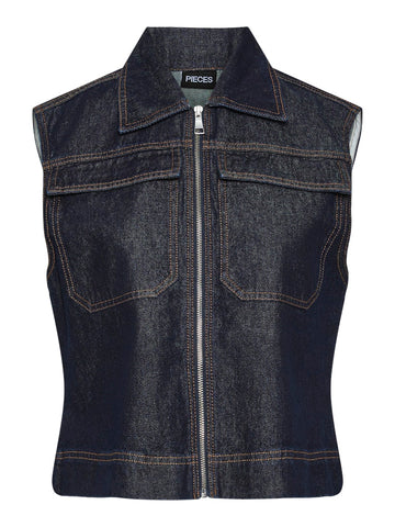 Pieces Zip-Up Denim Vest in Dark Blue