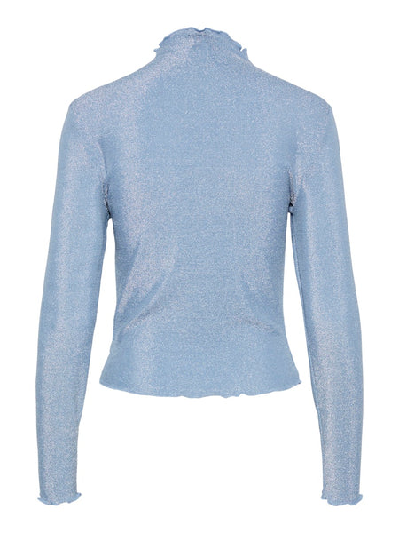 Pieces Long Sleeve Mock Neck Lurex Top in Blue