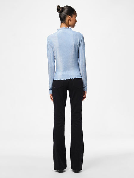 Pieces Long Sleeve Mock Neck Lurex Top in Blue