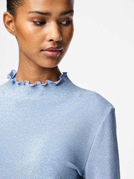 Pieces Long Sleeve Mock Neck Lurex Top in Blue