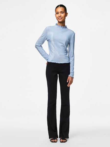 Pieces Long Sleeve Mock Neck Lurex Top in Blue