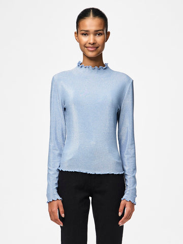 Pieces Long Sleeve Mock Neck Lurex Top in Blue