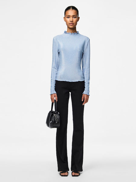 Pieces Long Sleeve Mock Neck Lurex Top in Blue