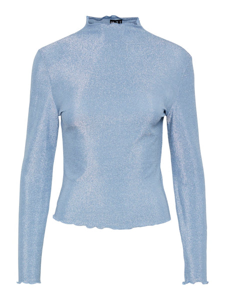 Pieces Long Sleeve Mock Neck Lurex Top in Blue