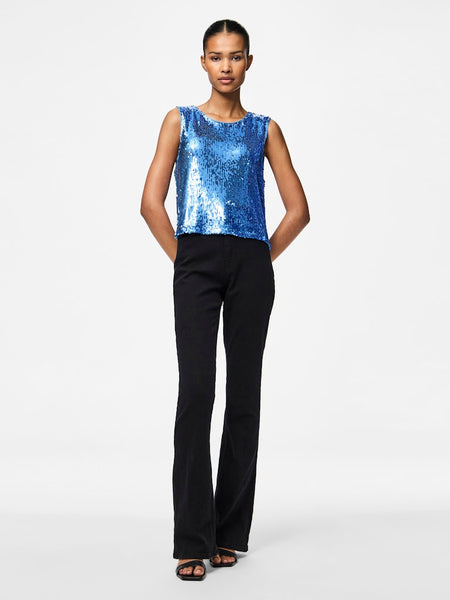 Pieces Sleeveless Sequin Top in Blue