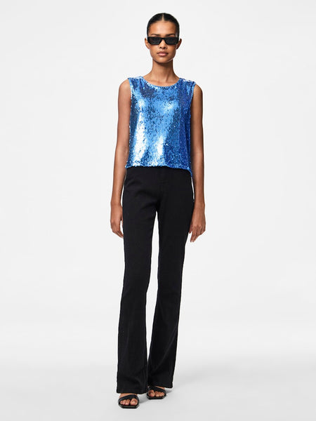 Pieces Sleeveless Sequin Top in Blue