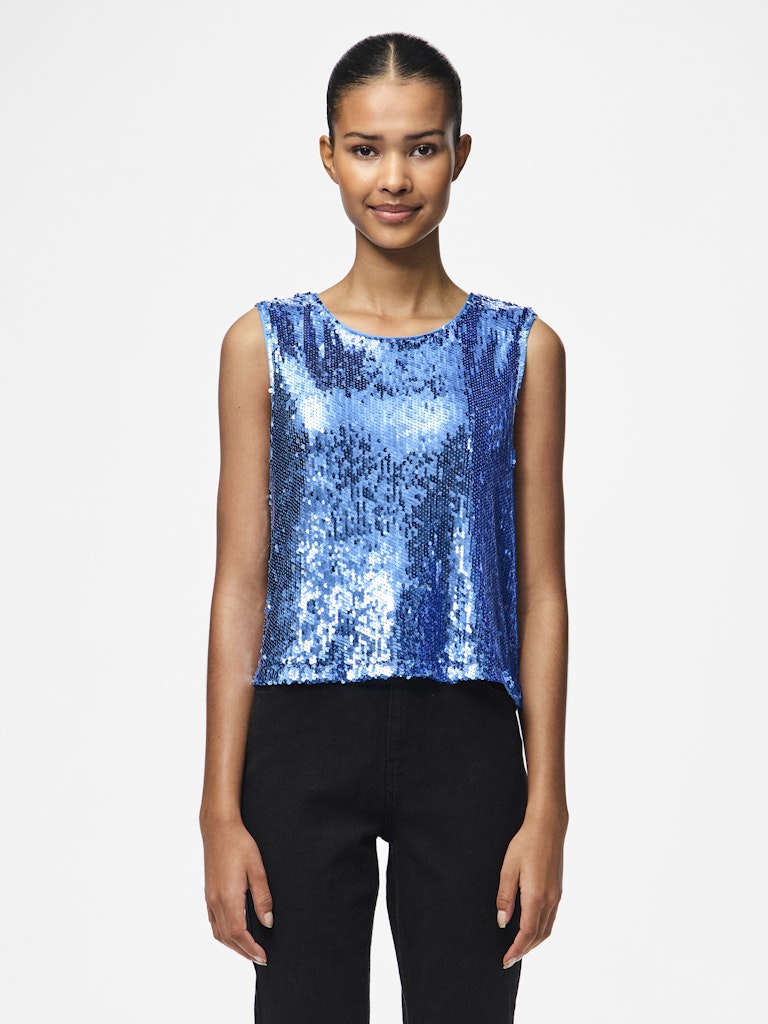 Pieces Sleeveless Sequin Top in Blue