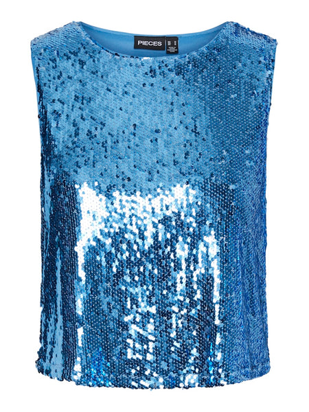 Pieces Sleeveless Sequin Top in Blue