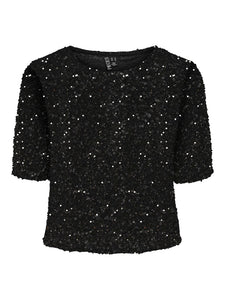 Pieces Short Sleeve Sequin Top in Black