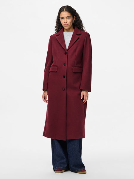 PIECES Long Coat in Maroon