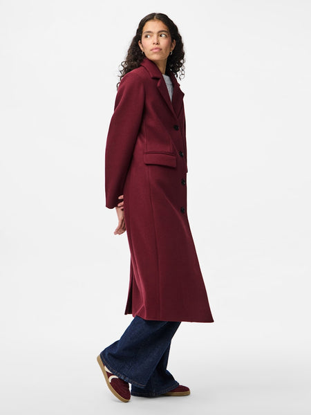 PIECES Long Coat in Maroon