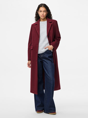 PIECES Long Coat in Maroon