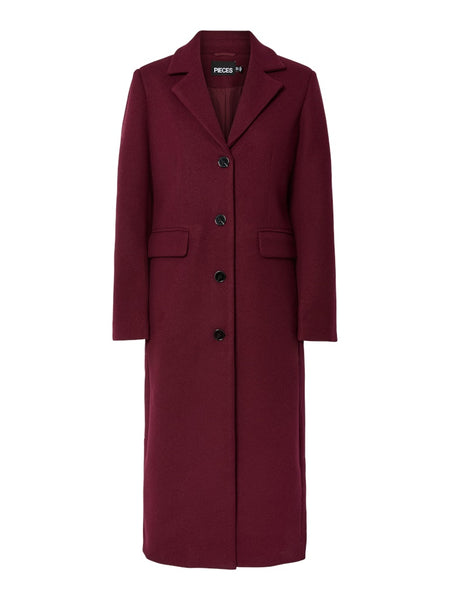 PIECES Long Coat in Maroon