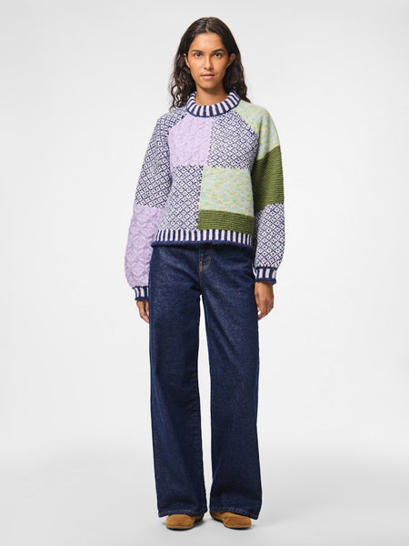 PIECES Patterned Block Colour Knit Jumper in Lilac