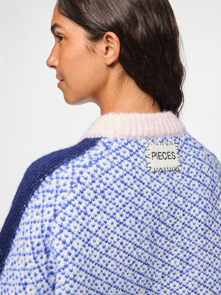 PIECES Patterned Block Colour Knit Jumper in Blue