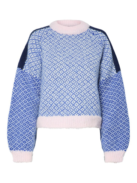 PIECES Patterned Block Colour Knit Jumper in Blue