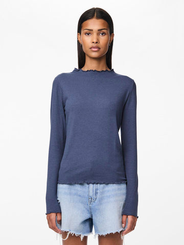 Pieces Long Sleeve Ribbed Top in Blue