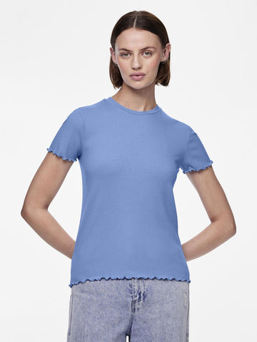 Pieces Ribbed T-Shirt in Blue