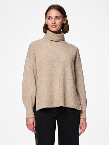 PIECES Knitted Roll Neck Jumper in Beige