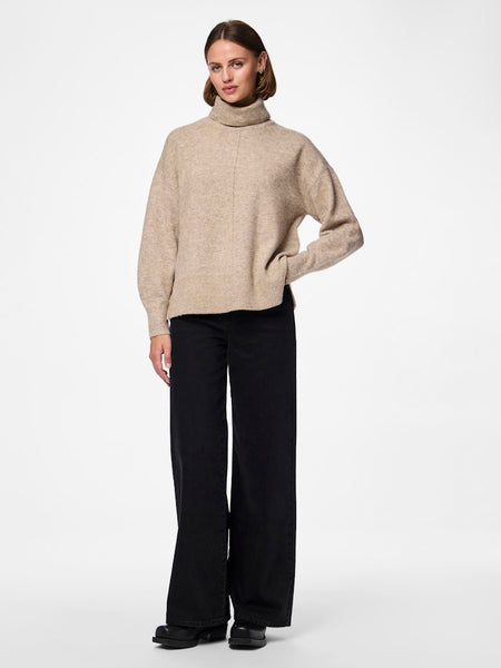 PIECES Knitted Roll Neck Jumper in Beige