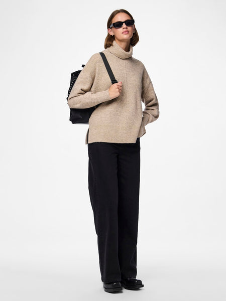 PIECES Knitted Roll Neck Jumper in Beige