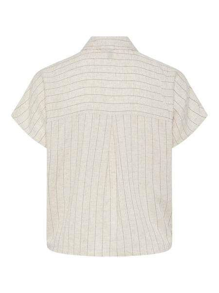 Pieces Striped Linen Blend Short Sleeve Tie Shirt in Beige