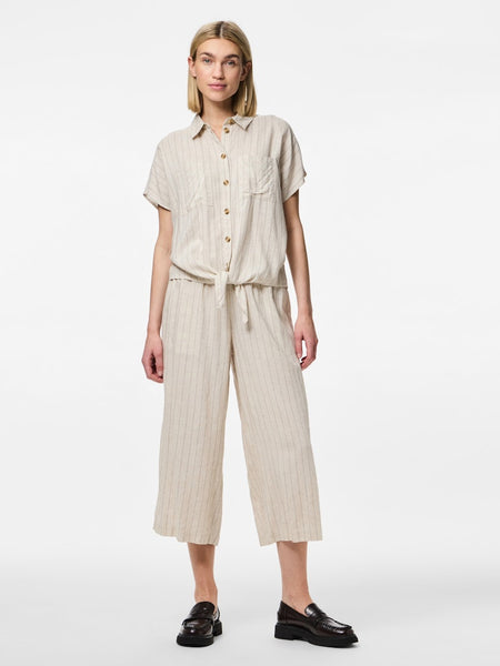 Pieces Striped Linen Blend Short Sleeve Tie Shirt in Beige
