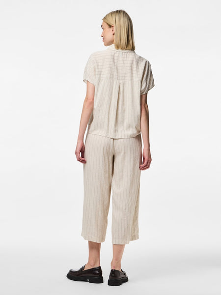 Pieces Striped Linen Blend Short Sleeve Tie Shirt in Beige