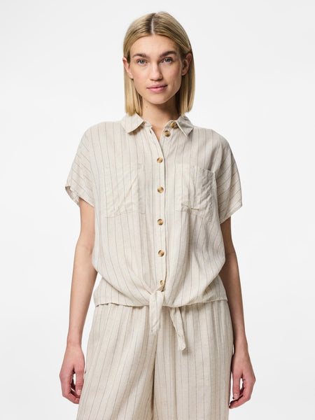 Pieces Striped Linen Blend Short Sleeve Tie Shirt in Beige